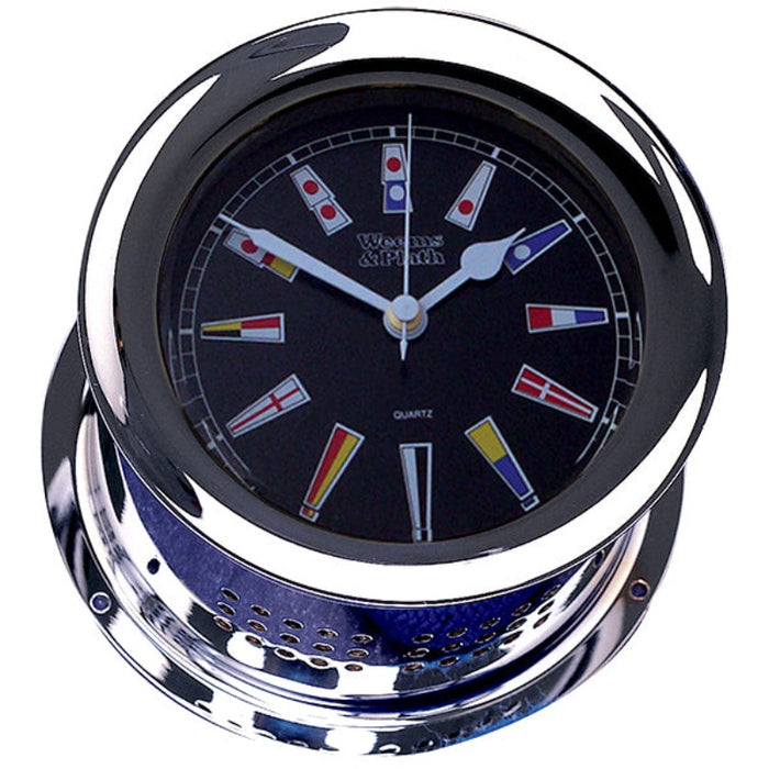 Weather Scientific Weems & Plath Chrome Plated Atlantis Quartz Clock, Black Dial w/ Color Flags Weems & Plath
