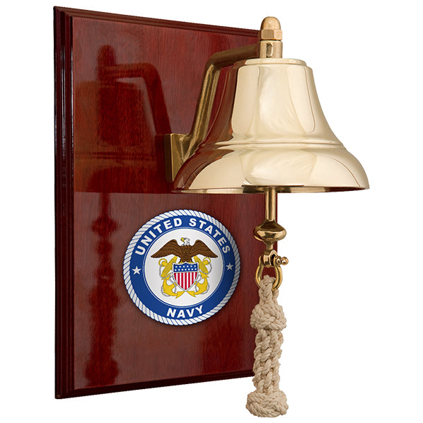 Weather Scientific Weems & Plath U.S. Navy 6" Brass Bell on 9x12" High Gloss Mahogany Plaque - #8 Emblem Weems & Plath
