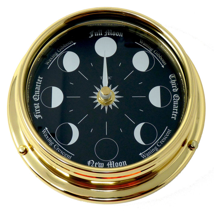 Weather Scientific Tabic Clocks Handmade Prestige Moon Phase Clock in Solid Brass With A Jet Black Dial created with a mirrored backdrop Tabic Clocks