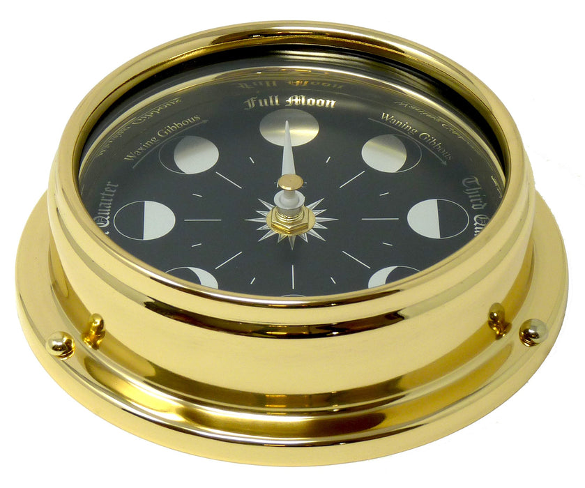 Weather Scientific Tabic Clocks Handmade Prestige Moon Phase Clock in Solid Brass With A Jet Black Dial created with a mirrored backdrop Tabic Clocks