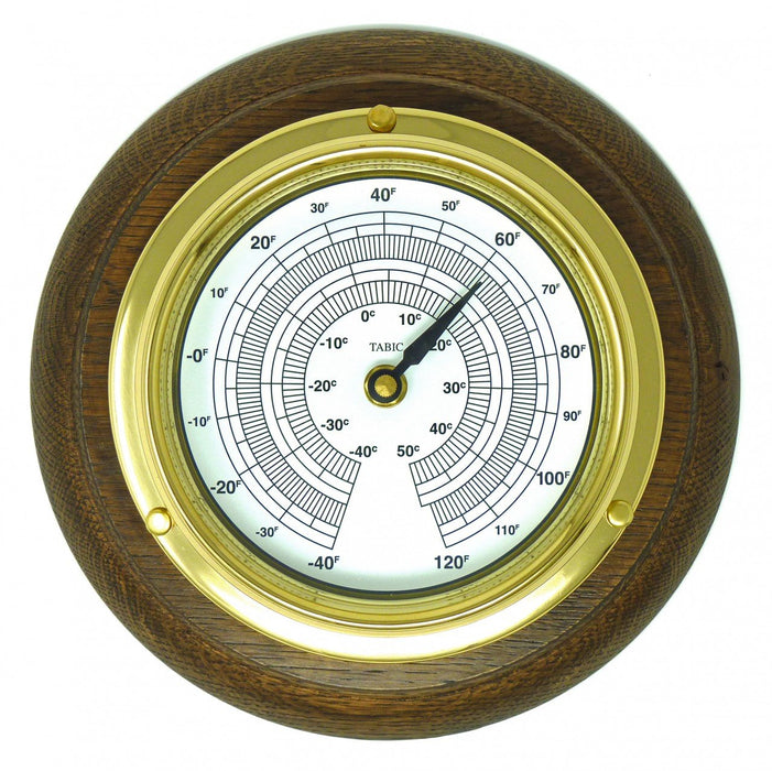 Weather Scientific Tabic Clocks Handmade Solid Brass Thermometer on an English Oak Wall Mount Tabic Clocks