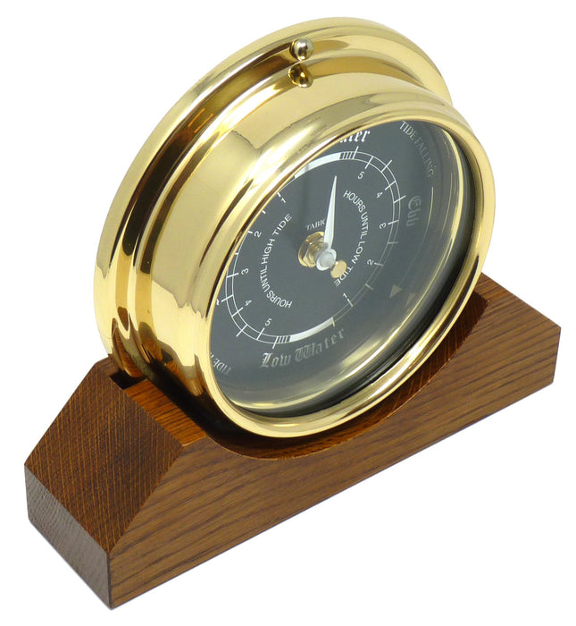 Weather Scientific Tabic Clocks Handmade Prestige Tide Clock in Solid Brass With a Jet Black Dial, mounted on a solid English Oak Mantel/Display Mount Tabic Clocks