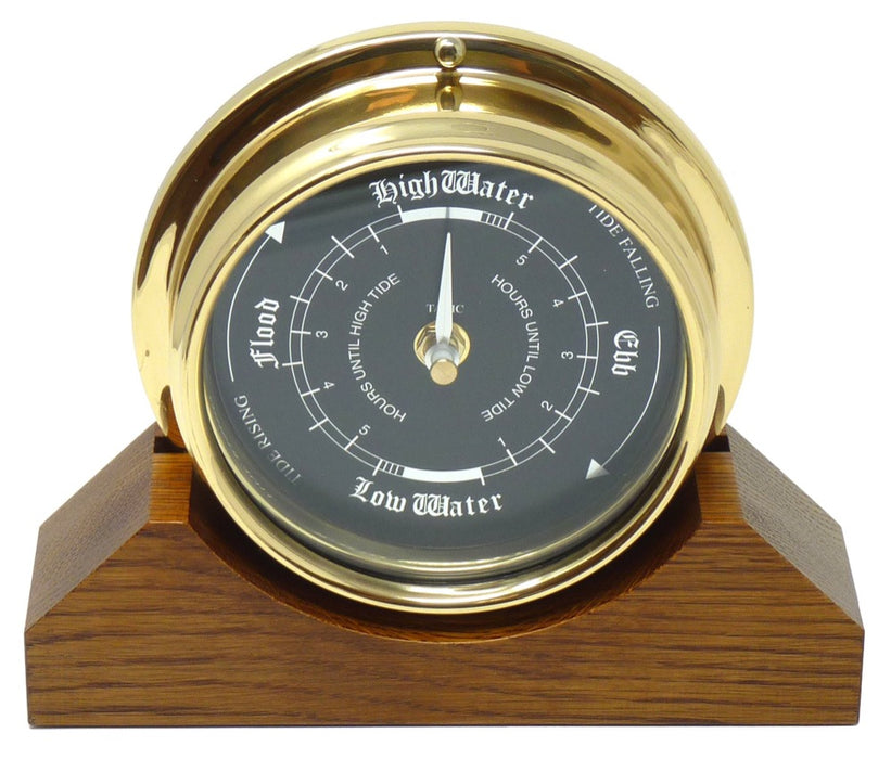 Weather Scientific Tabic Clocks Handmade Prestige Tide Clock in Solid Brass With a Jet Black Dial, mounted on a solid English Oak Mantel/Display Mount Tabic Clocks