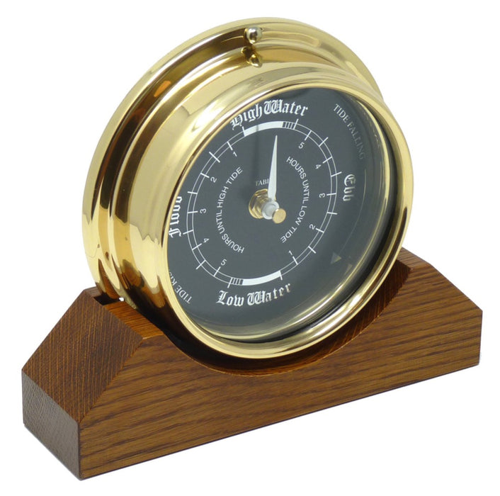 Weather Scientific Tabic Clocks Handmade Prestige Tide Clock in Solid Brass With a Jet Black Dial, mounted on a solid English Oak Mantel/Display Mount Tabic Clocks