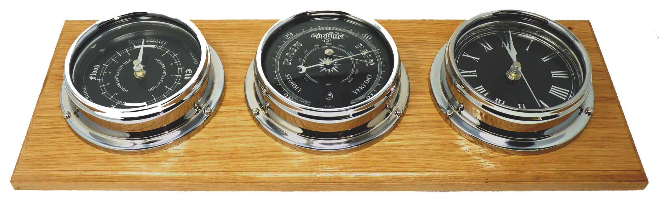 Weather Scientific Tabic Clocks Handmade Prestige Chrome Tide Clock, Traditional Barometer and Roman Clock with Jet Black Dial  Mounted on a Solid English Oak Wall Mount Tabic Clocks
