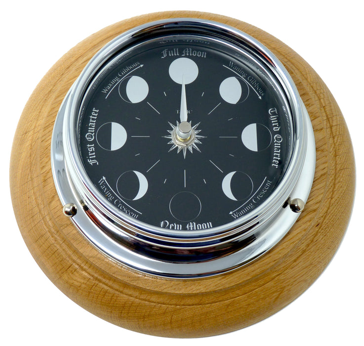 Weather Scientific Tabic Clocks Handmade Prestige Moon Phase Clock in Chrome on an English Oak Wall Mount Tabic Clocks
