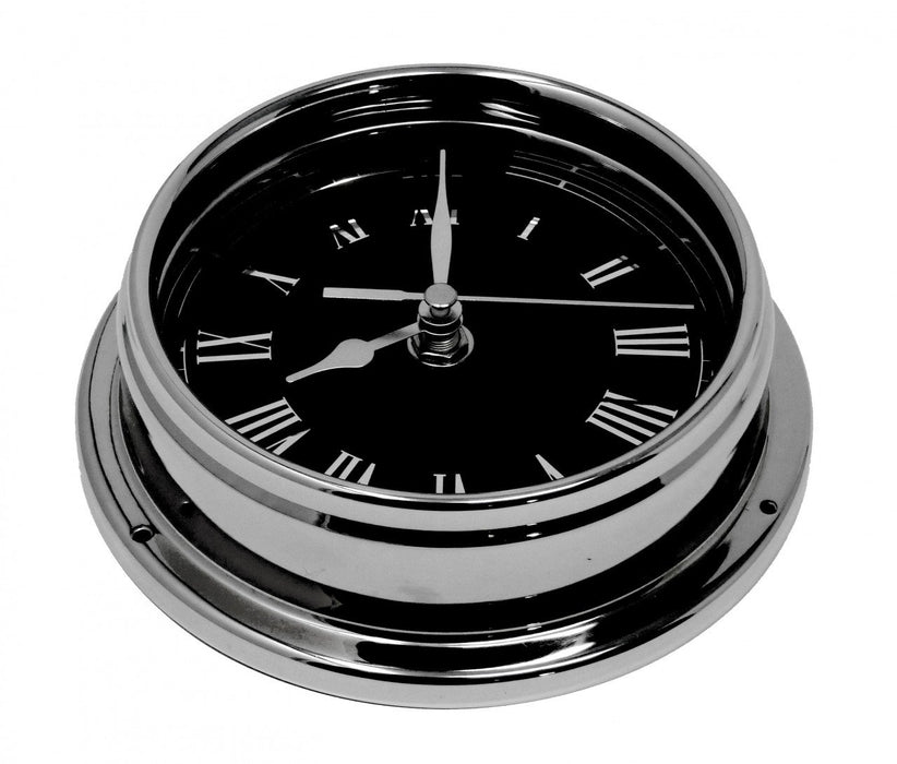 Weather Scientific Tabic Clocks Handmade Prestige Roman Clock in Chrome with Jet Black Dial created with a mirrored backdrop Tabic Clocks