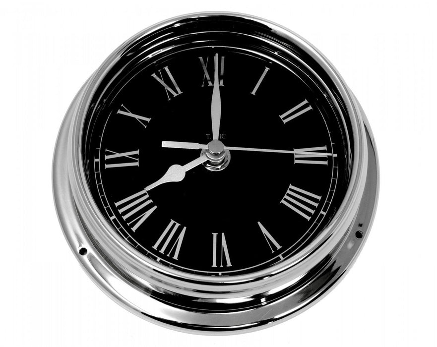 Weather Scientific Tabic Clocks Handmade Prestige Roman Clock in Chrome with Jet Black Dial created with a mirrored backdrop Tabic Clocks