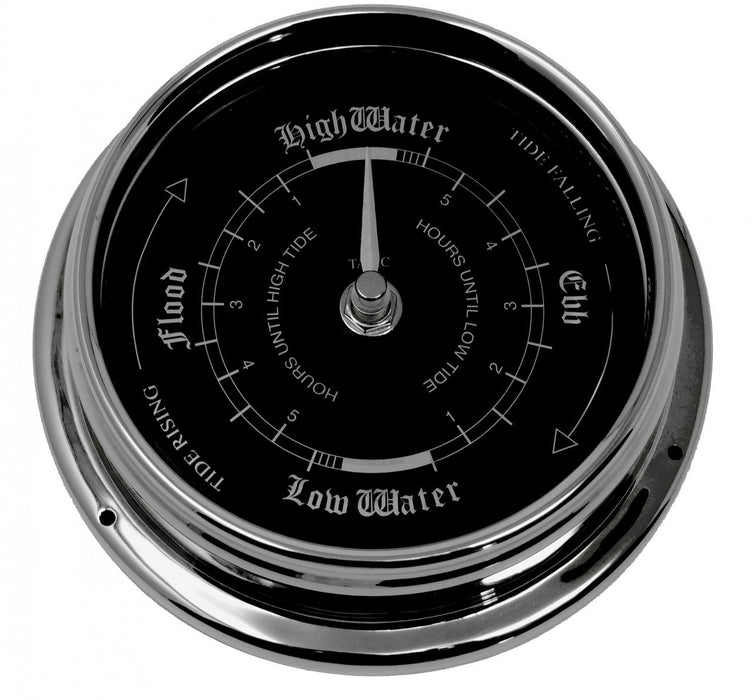 Weather Scientific Tabic Clocks Handmade Prestige Tide Clock in Chrome With A Jet Black Dial created with a mirrored backdrop Tabic Clocks