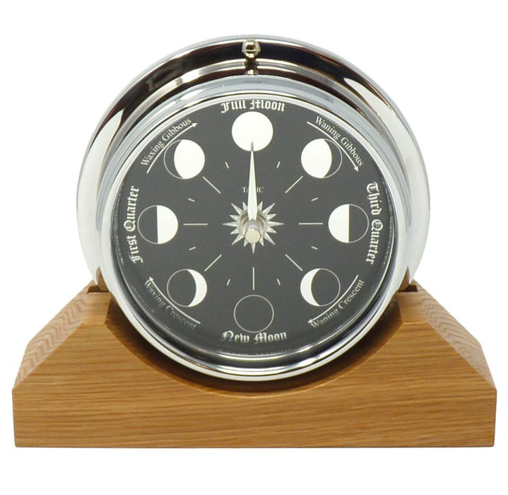 Weather Scientific Tabic Clocks Handmade Prestige Moon Phase Clock in Chrome on an English Oak Mantel/Display Mount main profile