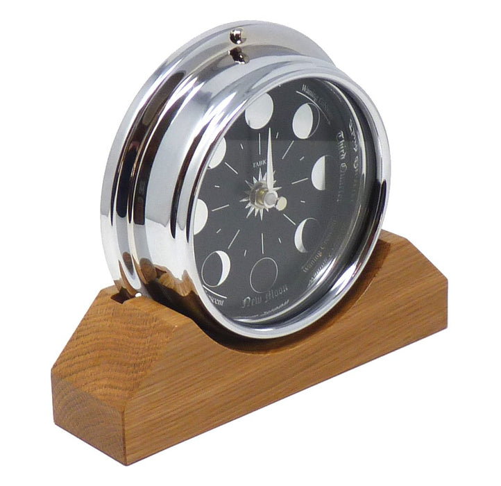 Weather Scientific Tabic Clocks Handmade Prestige Moon Phase Clock in Chrome on an English Oak Mantel/Display Mount Tabic Clocks