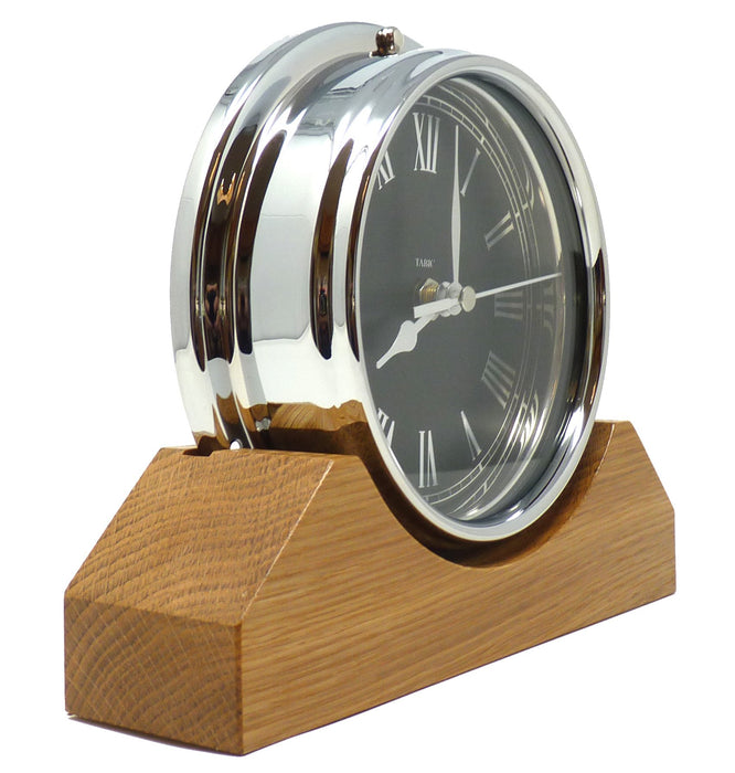 Weather Scientific Tabic Clocks Handmade Prestige Roman Clock in Chrome with Jet Black Dial Mounted on an English Oak Mantel/Display Mount Tabic Clocks