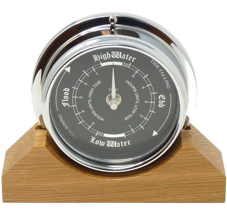 Weather Scientific Tabic Clocks Handmade Prestige Tide Clock in Chrome on an English Oak Mantel/Display Mount Tabic Clocks