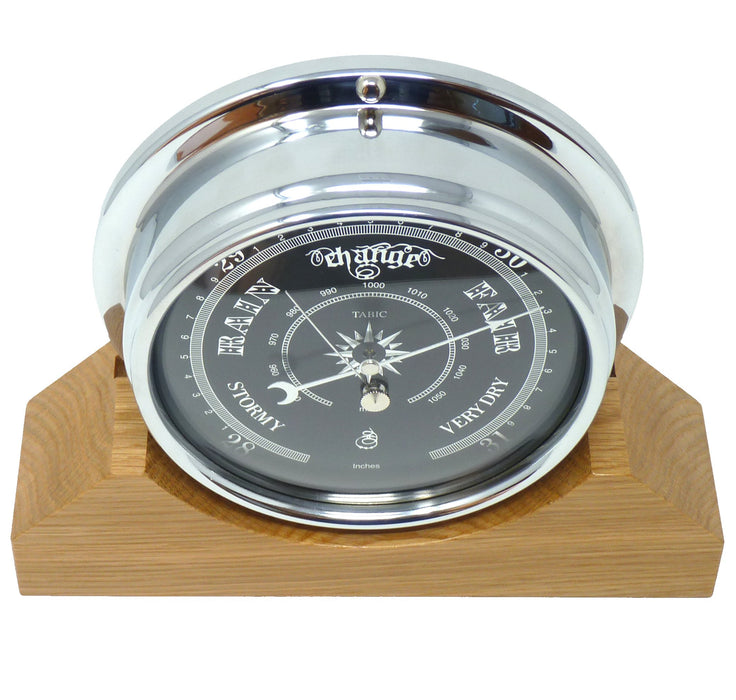 Weather Scientific Tabic Clocks Handmade Prestige Barometer in Chrome with Jet Black Dial Mounted on an English Oak Mantel/Display Mount Tabic Clocks