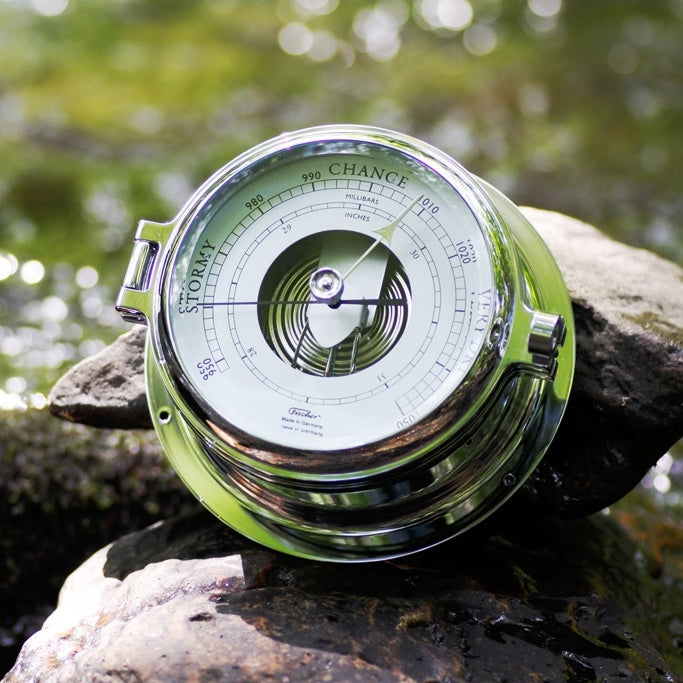 Fischer_Barometer_1605B Barometer on a rock with a natural background by Weather Scientific
