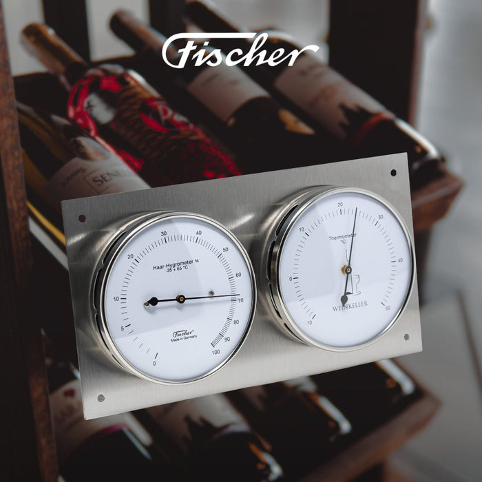 Fischer Germany Hygrometer thermomometer on a wine rack with bottles in the background.