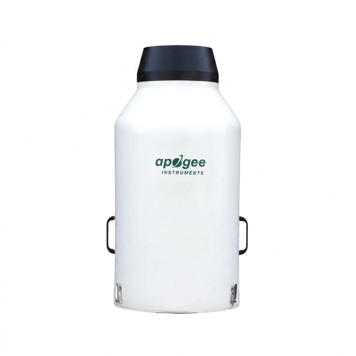 A white insulated liquid container with a black lid and black side handles, featuring the 'apogee INSTRUMENTS' logo printed in green on the front, set against a plain white background.