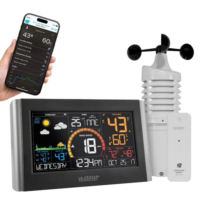 La Crosse Technology V21 weather station set including a digital display screen showing temperature, humidity, and wind speed, alongside a wireless wind sensor and a smartphone app interface displaying weather data.