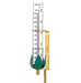 Rain gauge with brass finish and green leaves on a white background