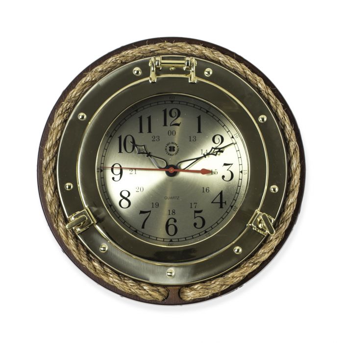 Weather Scientific Bey-Berk Solid brass porthole quartz clock with fisherman's rope on dark cherry wood SQ501 Bey-Berk 