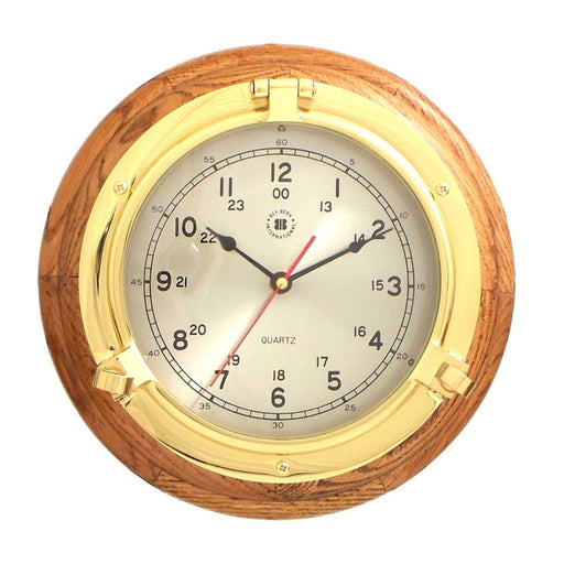 Weather Scientific Bey-Berk Lacquered Brass Porthole Quartz Clock on Oak Wood SQ508 Bey-Berk 