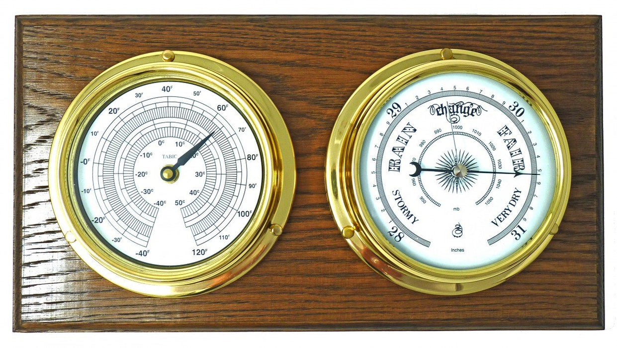 Weather Scientific Tabic Clocks Handmade Solid Brass Thermometer and Barometer Mounted on a Double English Oak Wall Mount Tabic Clocks 