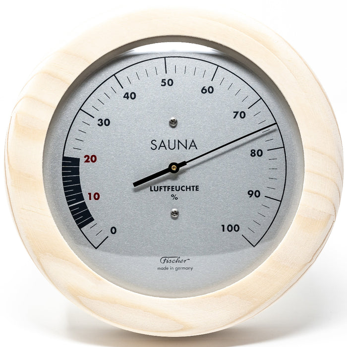 Fischer Germany Wooden sauna hygrometer with a white background front details