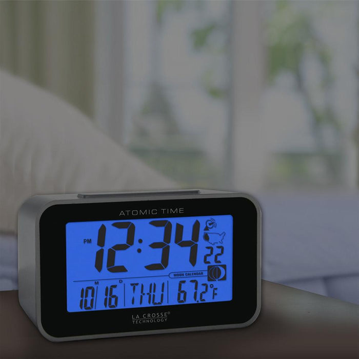 Weather Scientific LaCrosse Technology 617-1270 Atomic Alarm Clock night time in living room