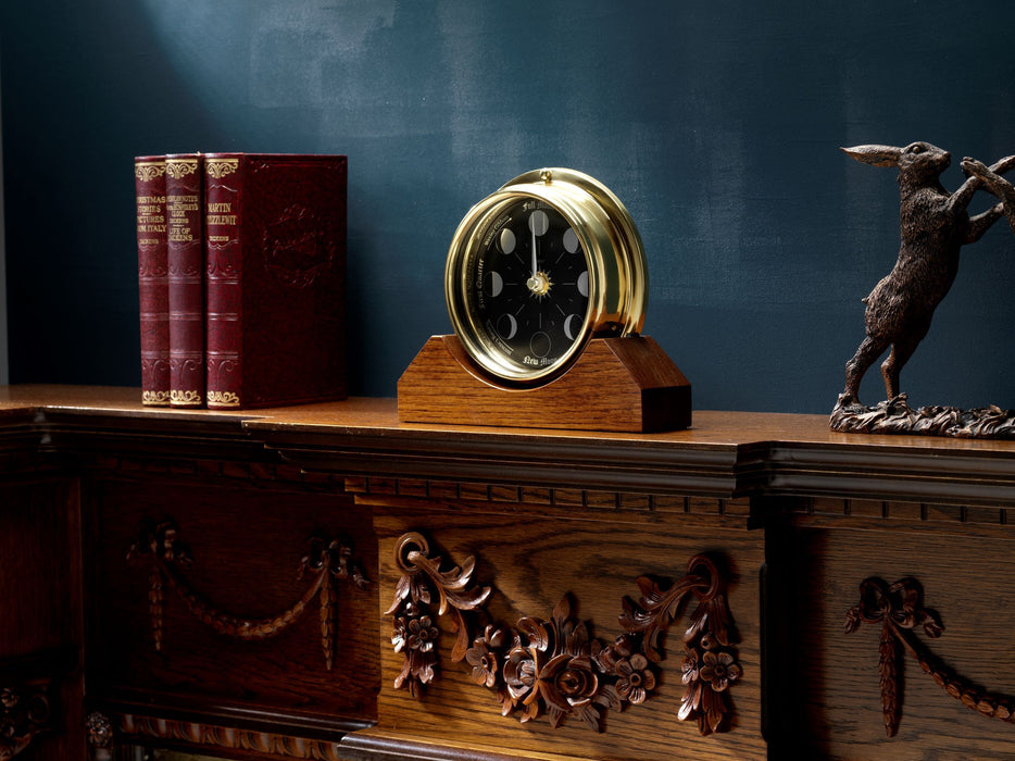 Weather Scientific Tabic Clocks Prestige Brass Moon Phase Clock With a Jet Black Dial Mounted on a Solid English Oak Mantel/Display Mount Tabic Clocks 