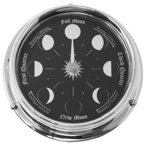 Weather Scientific Tabic Clocks Handmade Prestige Moon Phase Clock in Chrome with Jet Black Dial created with a mirrored backdrop main profile