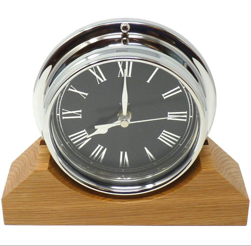 Weather Scientific Tabic Clocks Handmade Prestige Roman Clock in Chrome with Jet Black Dial Mounted on an English Oak Mantel/Display Mount main profile
