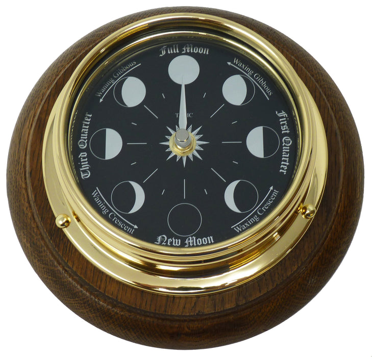 Weather Scientific Tabic Clocks Prestige Brass Moon Phase Clock With a Jet Black Dial Mounted on a Solid English Oak Wall Mount Tabic Clocks 