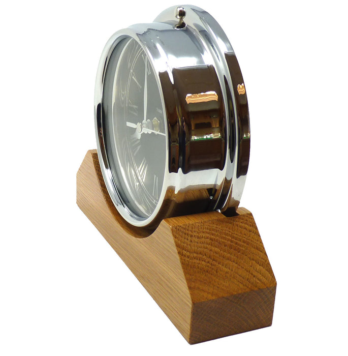 Weather Scientific Tabic Clocks Handmade Prestige Roman Clock in Chrome with Jet Black Dial Mounted on an English Oak Mantel/Display Mount Tabic Clocks 