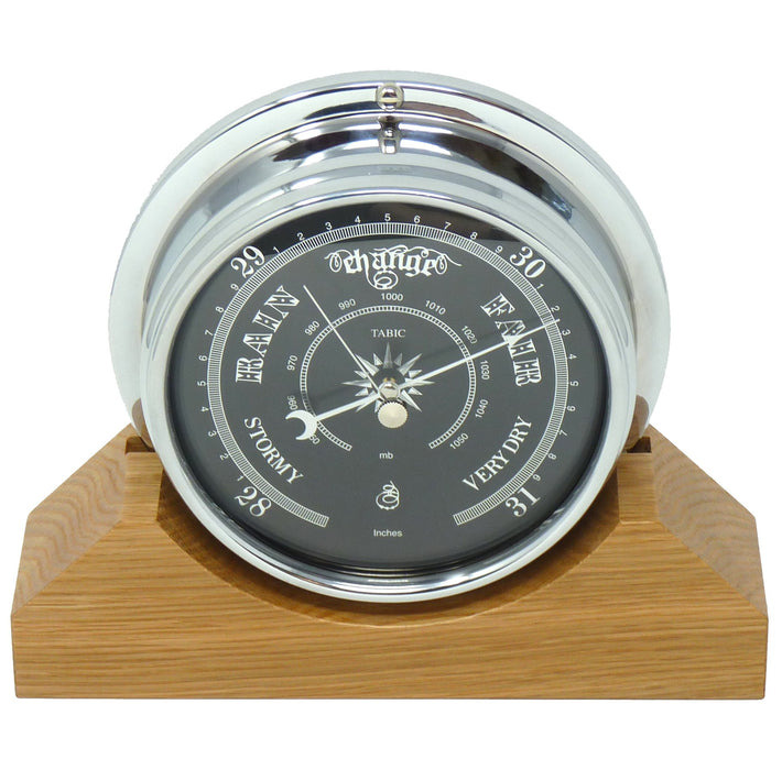 Weather Scientific Tabic Clocks Handmade Prestige Barometer in Chrome with Jet Black Dial Mounted on an English Oak Mantel/Display Mount Tabic Clocks 